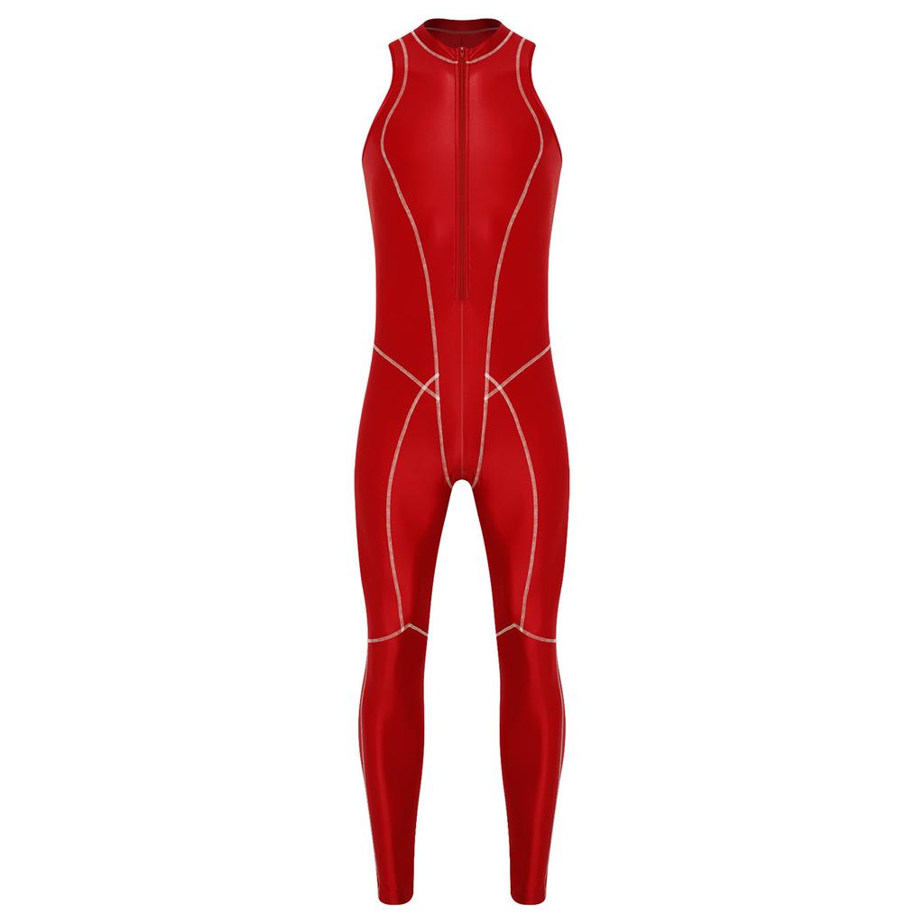 Combinaison de bain brillante pour homme Fermeture éclair avant Sans manches Body Leggings Coutures plates Combinaison