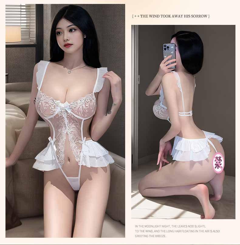 Sexy Lingerie Flame Sexy Lace Embroidered Onesie Hot Small Breasts Gather Seductive Women Hollow Open Pajamas