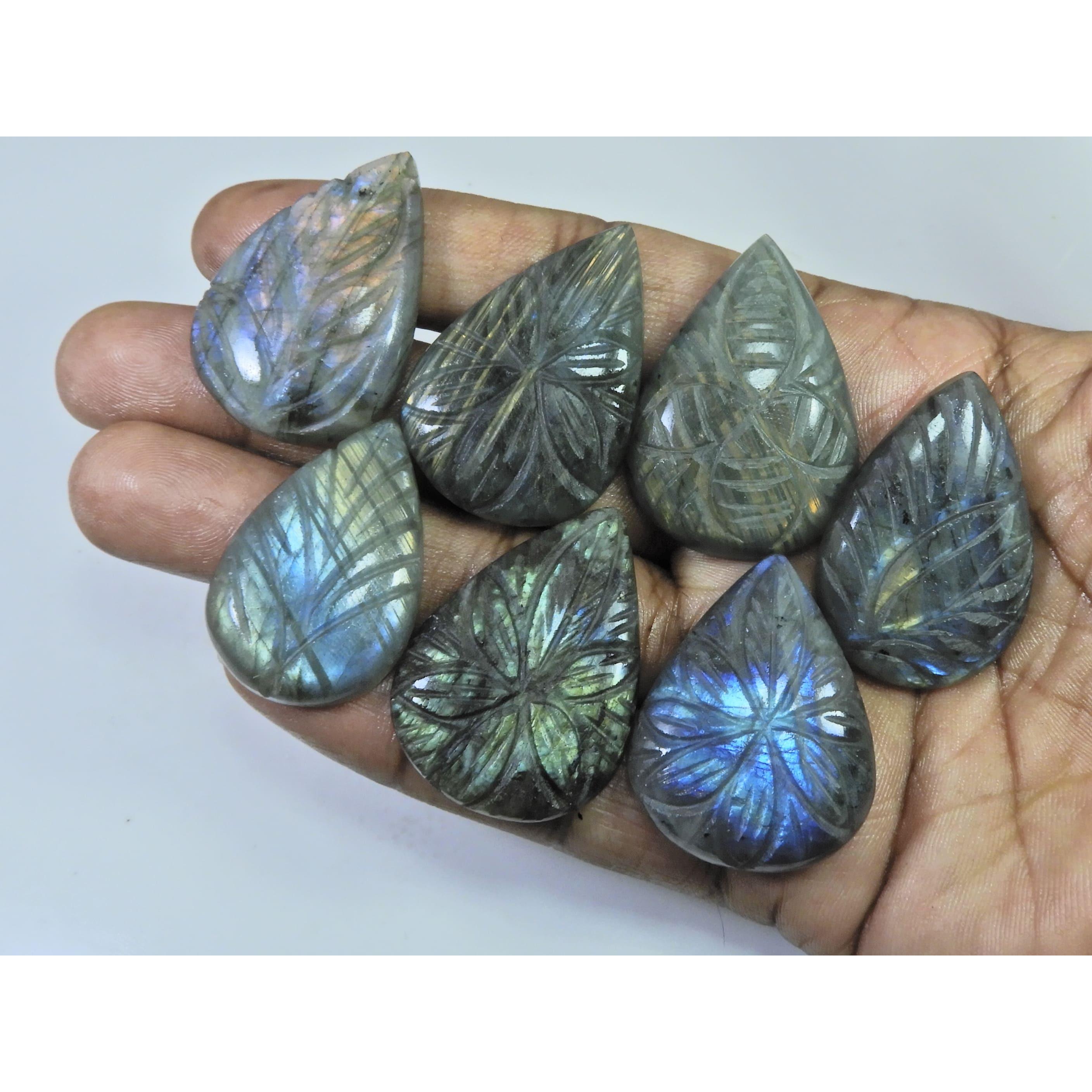 355Cts. Natural Labradorite Carving Pear Cabochon Loose Gemstone 07Pcs Lot LL-1148