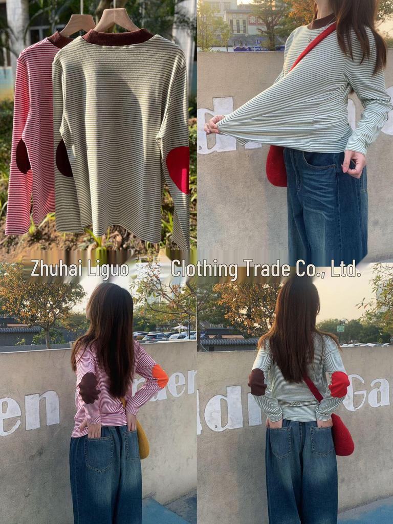 Women's Japanese Stripe Color Block High Collar Long Sleeve T-Shirt - Lazy Style, Light Blue (TX381)