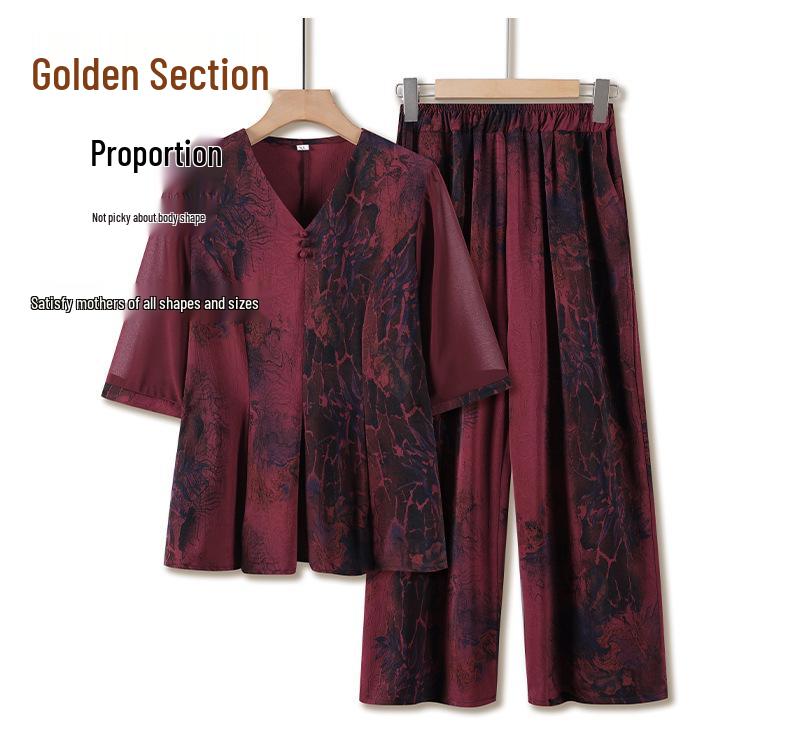 Plus Size Summer Slimming Two-Piece Set for Middle-Aged and Elderly Women