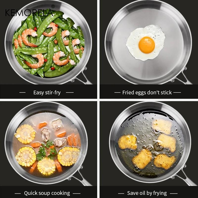 316 Stainless Steel Three-layer Frying Pan 20/22/24/26/28cm Uncoated Wok Pan Non Stick Pots Household Cooking Kitchen Cookware