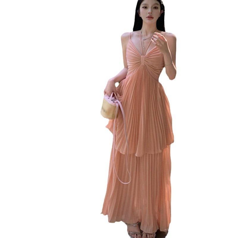 Sweet and Sexy Neck Sling Dress, Summer Temperament, High-end Seaside Vacation Dress, Waist Pleated Skirt
