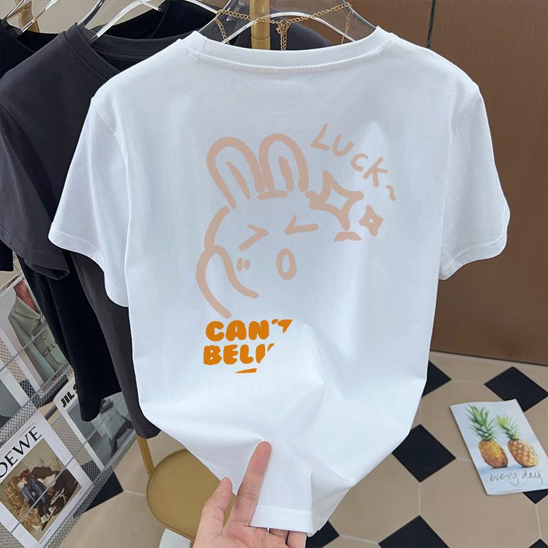 

Black fashion cartoon rabbit pure cotton shoulder short-sleeved t-shirt women s 2025 summer new texture loose half-sleeved top trendy XXXL