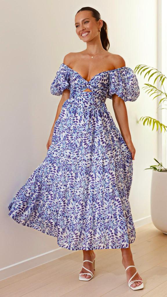 Spring and summer new temperament slim print bubble sleeves big pendulum high-end dress women