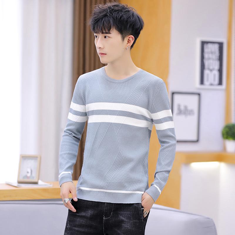 

Осень 2020 Мужской приталенный трикотажный пуловер с круглым вырезом в корейском стиле - Модная базовая рубашка с длинным рукавом XXL светло-синий