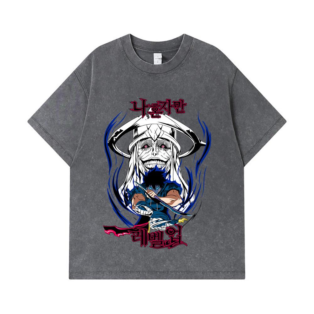 275 GSM Washed T-shirts 100% Cotton Solo Leveling V9 Print Unisex Heavy Cotton T Shirt