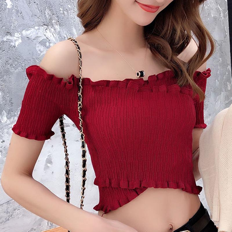 

Женская футболка с разрезным вырезом, однотонная трикотажная футболка с короткими рукавами и оборками, укороченный топ One Size