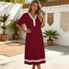 Women's Elegant Lace Trim Short Sleeve Midi Dress V Neckline Lightweight Summer Casual Dress for Daily Wear