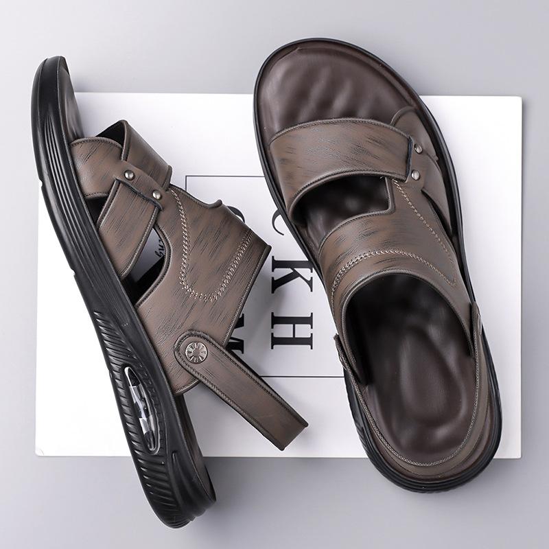 Fashion Solid Color Leather Sandals for Men Fashion Casual Sports Beach Shoes Male Dual-use Summer New Designer Slipper Shoes Man