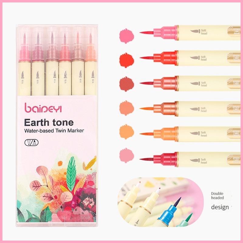 6pcs/set Classic Style Colors Double Tip Marker Pens Line Drawing Watercolor Pen for Calligraphy Student Art Painting School Stationary