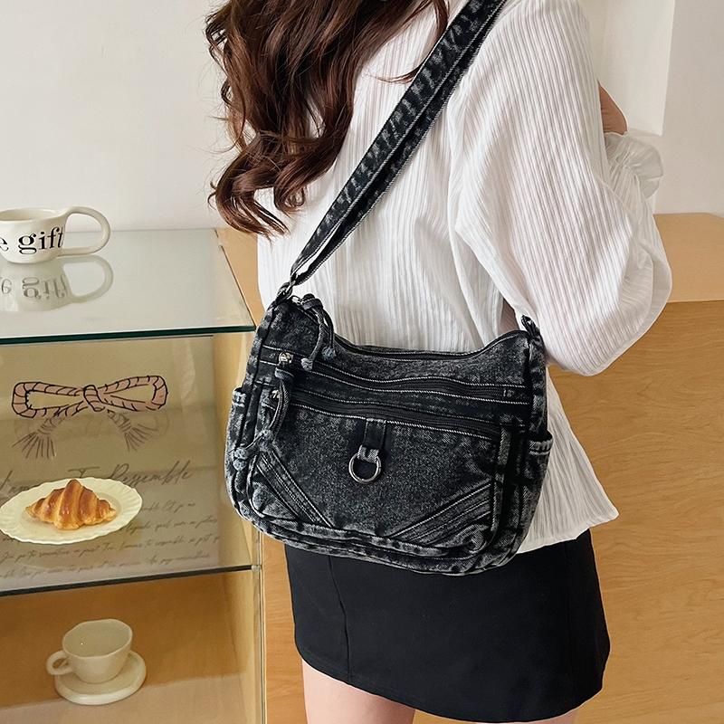 Vintage Denim Crossbody Bag Women's Multi-Pocket Single Shoulder Small Square Bag