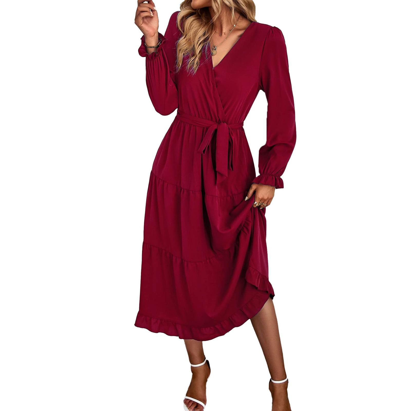 

Платье для женщин длинное бохо пляжное платье элегантное макси-платье V-образный вырез длинный рукав платье с карманами S