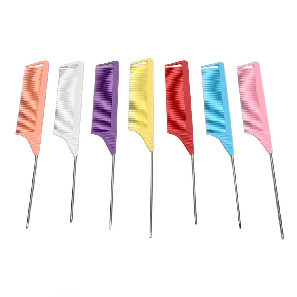 7 Colors Rat Tail Comb Set Fine Tooth Hairdressing Stainless Steel Pintail Heat Resistant Tail Parting Comb