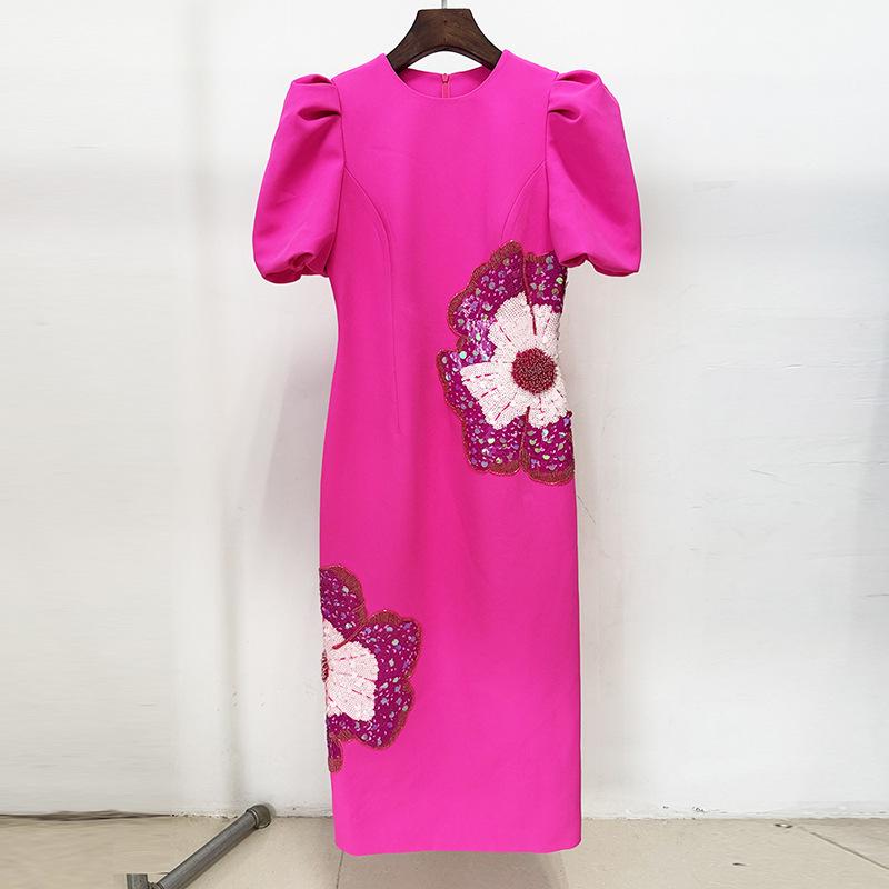 

High-End Designer Sequin & Floral Short-Sleeved Formal Dress - High Street Fashion 2026 Large роза розовый