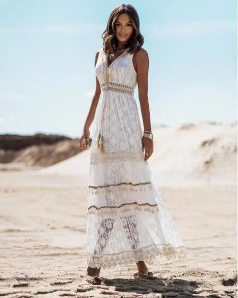 Summer temperament bohemian long dress popular women s lace splicing pendulum jumpsuit S белый