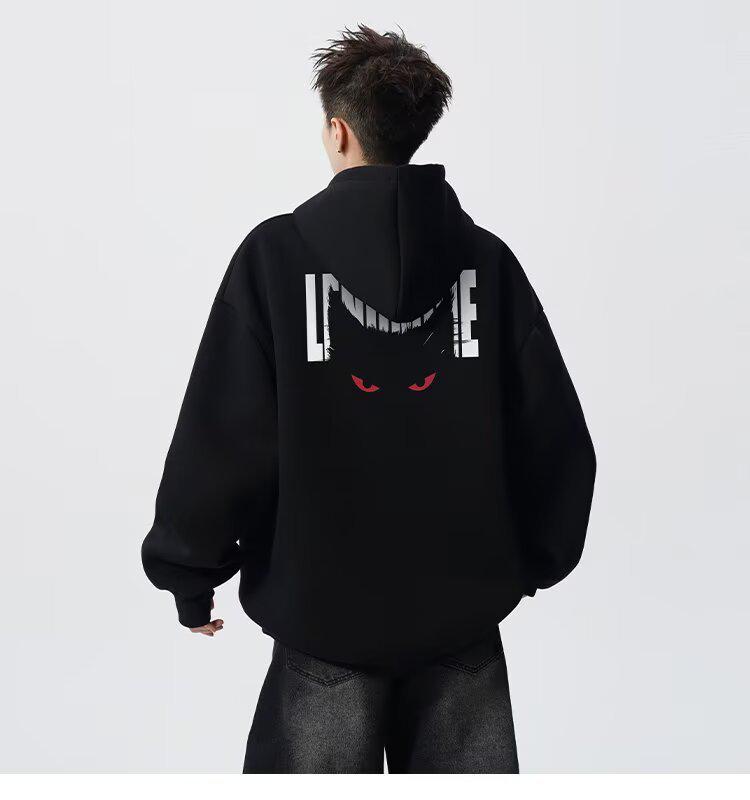 Men's Autumn Black Demon Cat Print Heavyweight Loose Fit Hoodie