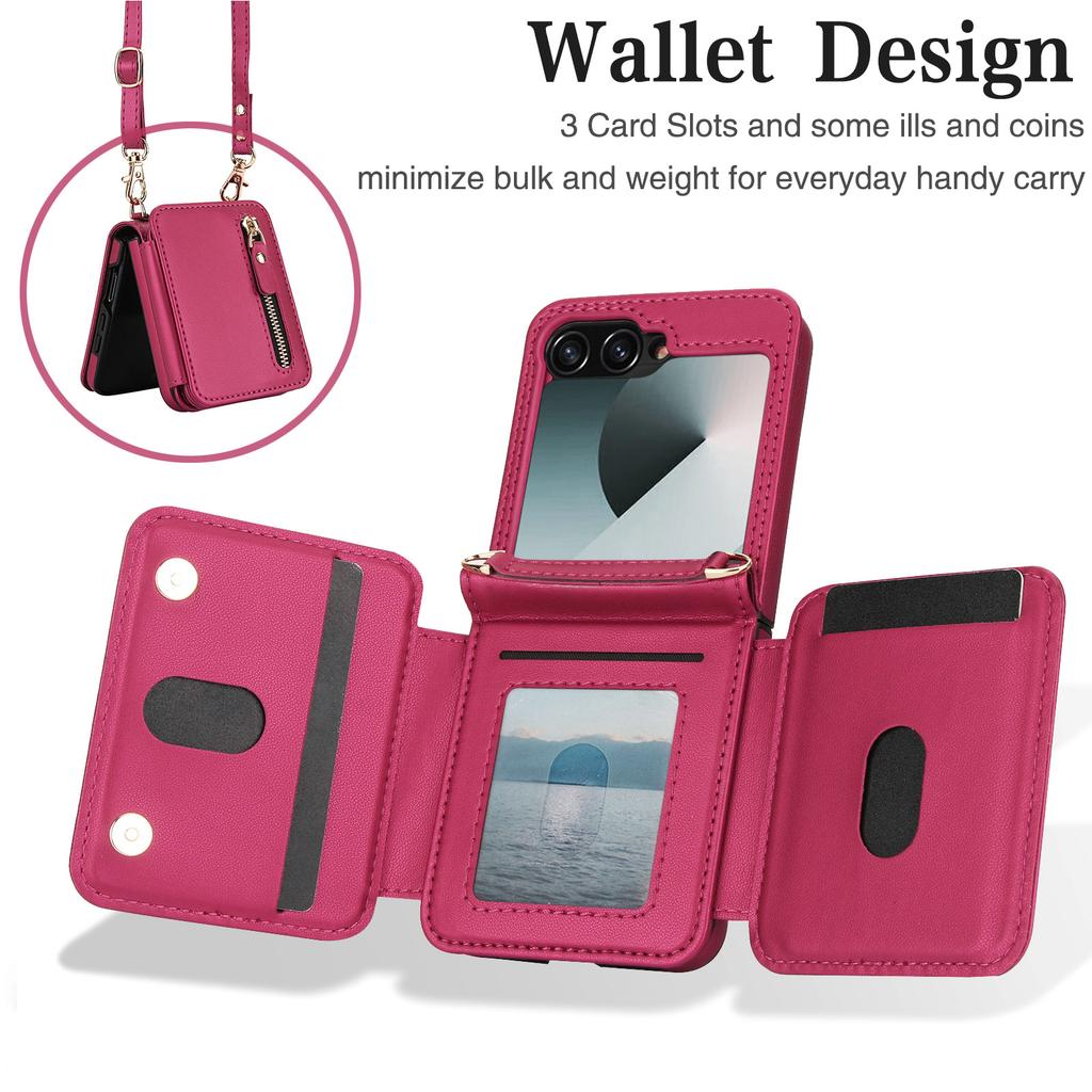 Applicable To Samsung Z Flip6 Mobile Phone Leather Case Z Flip5 Solid Color Card Zipper Change Bag Diagonal Strap Card Bag