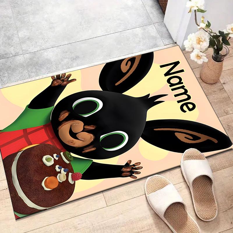 Custom Bing Bunny Mat Personalized Name, Polyester Washable Indoor Entryway Rug, Gift for Christmas, Easter, Thanksgiving Day