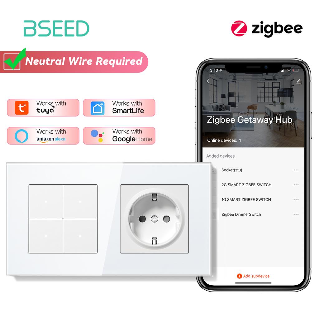 BSEED ZigBee Switches Wall Smart Click Light Switches Yellow Backlight Glass Frame Tuya APP Switch EU Wall Sockets with USB