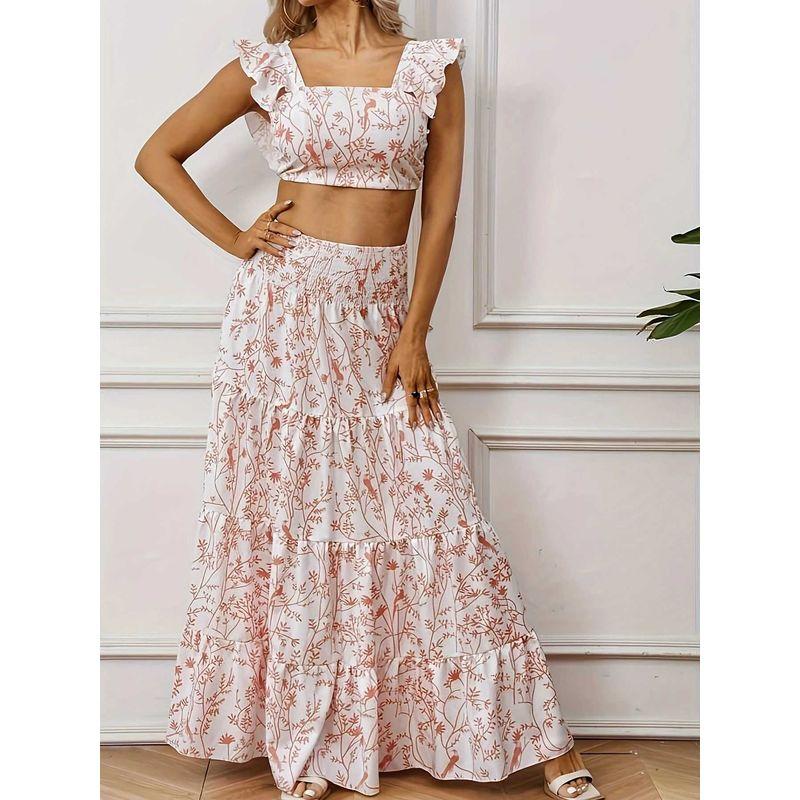 Printed Skirt Set Print Set Skirt Square Collar Short Top Print Skirt Set Women