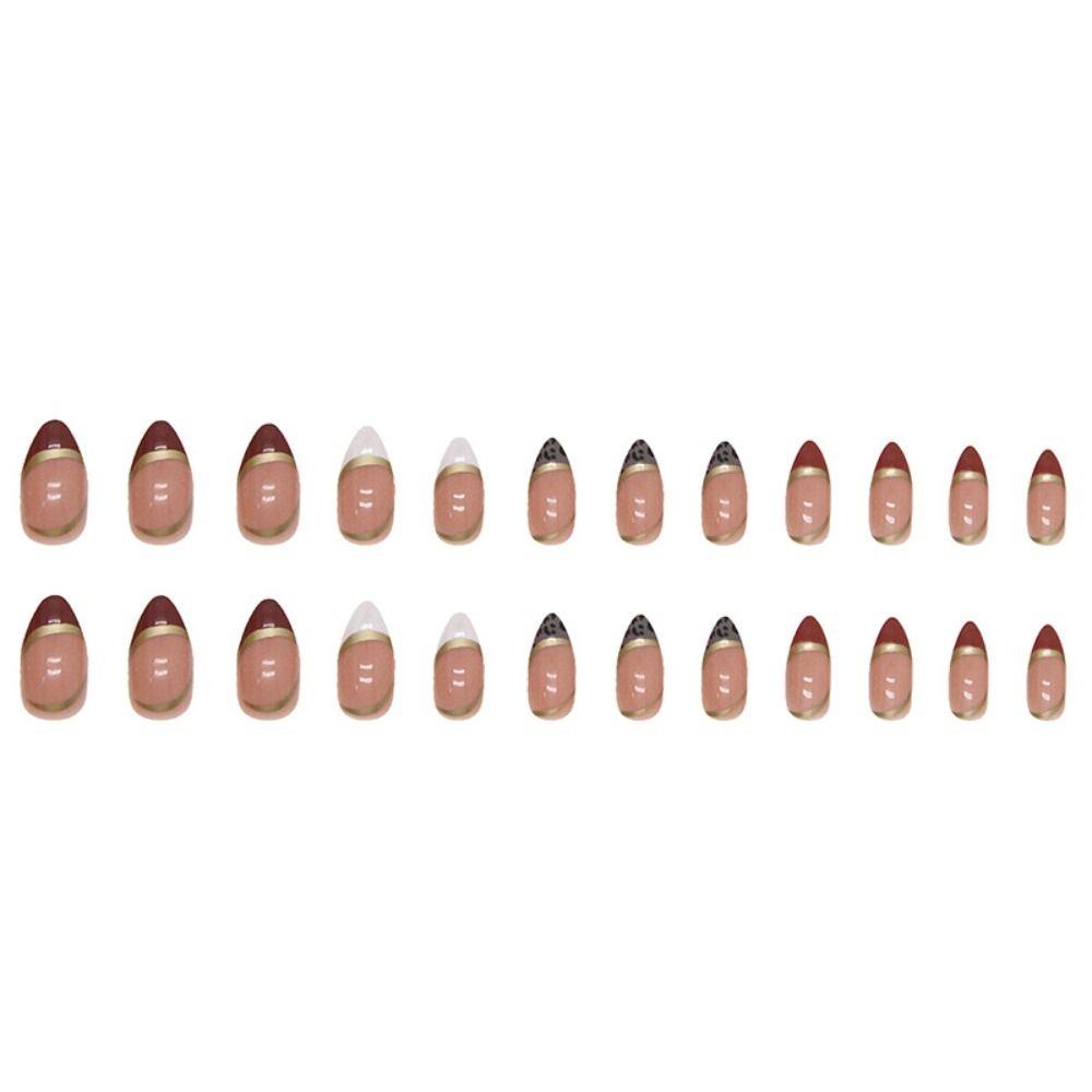 24ks Manikúra DIY Jednoduché Falešné Nials Francouzské dlouhé mandlové zlaté linie False Nails