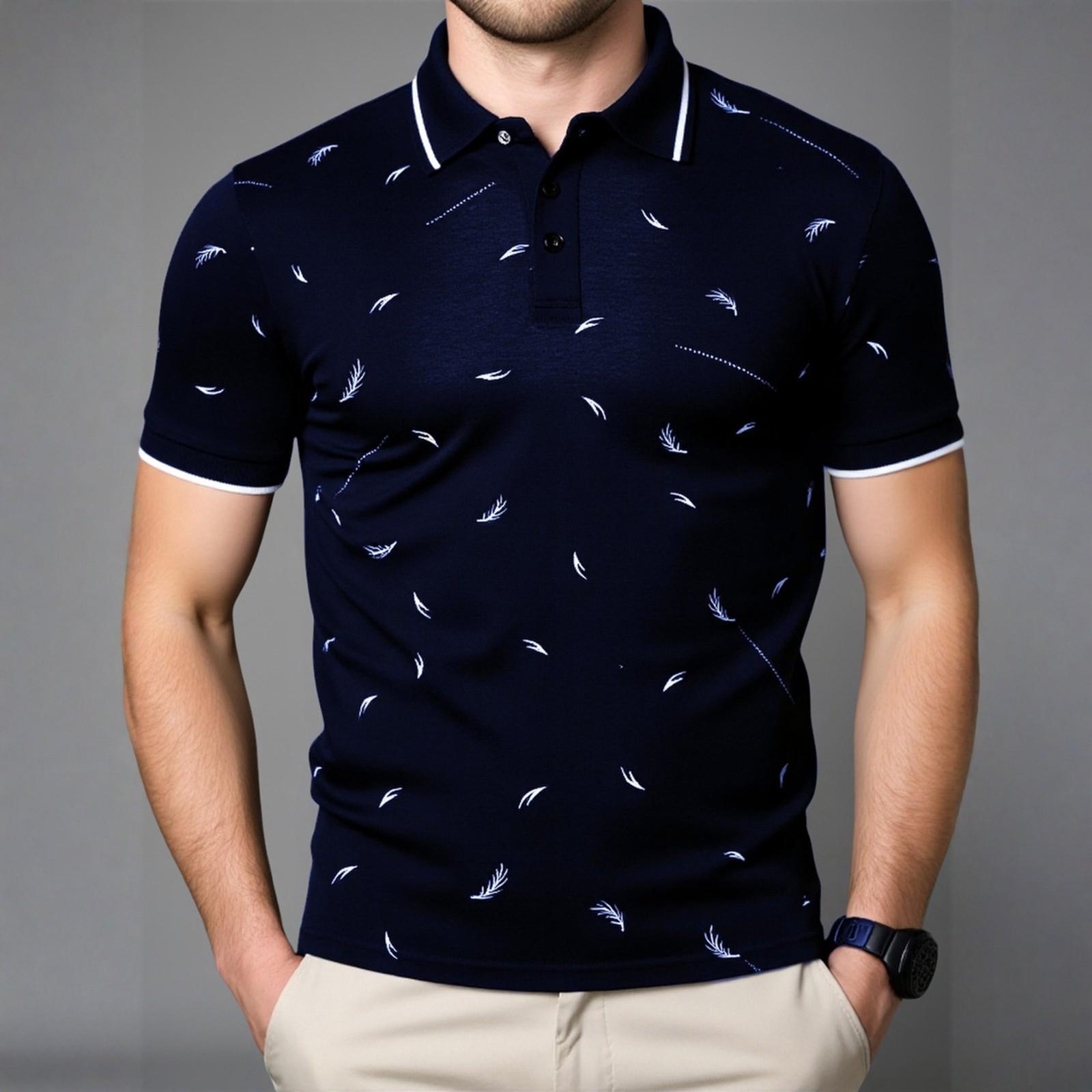 

Men s Summer Business Shirt Lapel Feather Print Large Size Trendy Casual T-shirt Men S Темно-синій