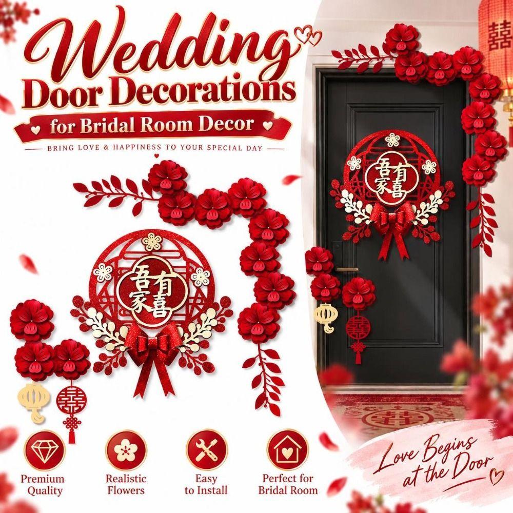 Chinese Wedding Door Decorations Artificial Flowers Double Happiness Sign Home Entrance Decor