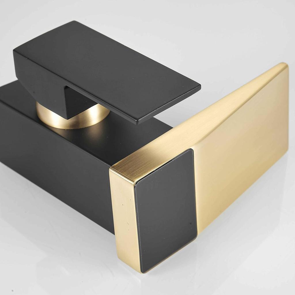 LOOPAN LED Light Bathroom Faucet One Hole Waterfall Temperature Display Hydraulic Power Single Handle Faucet Gold&Black, Waterfall Faucet for