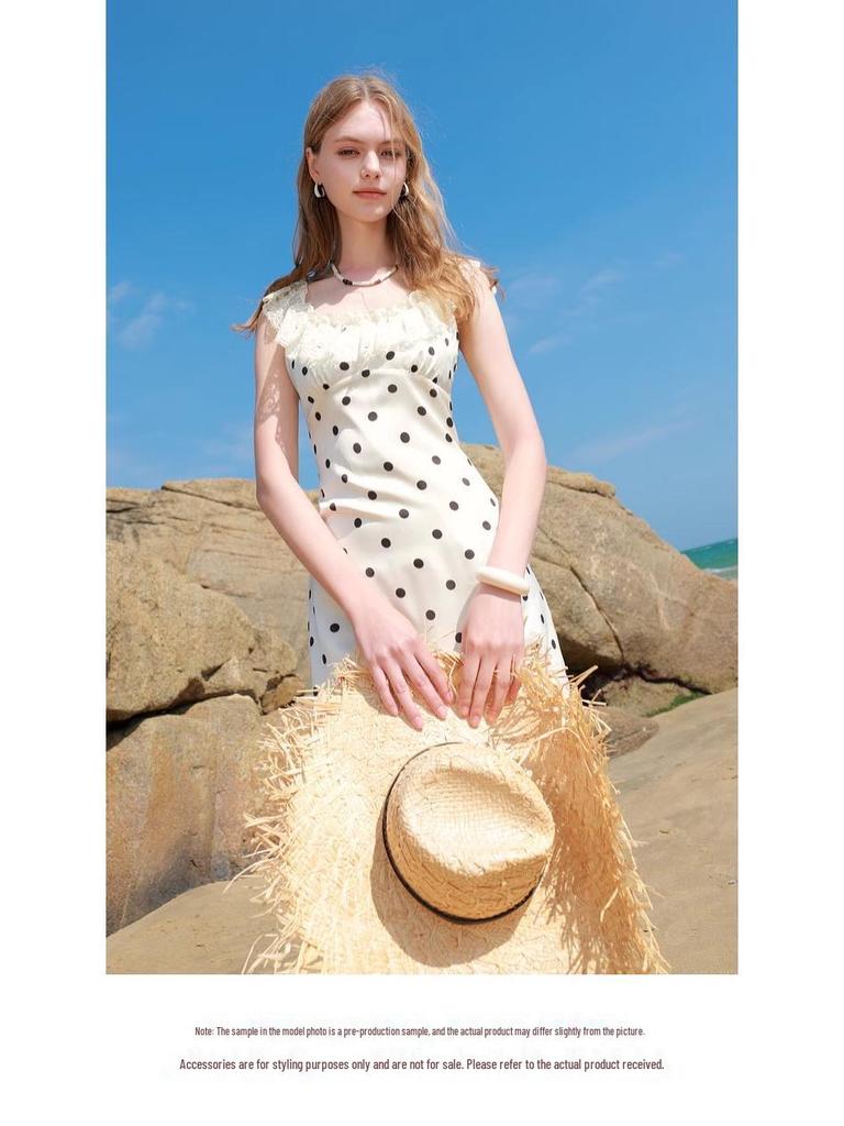 Elegant French White Polka Dot Suspender Dress - Summer 2025 Waist-Cinching Slimming Design