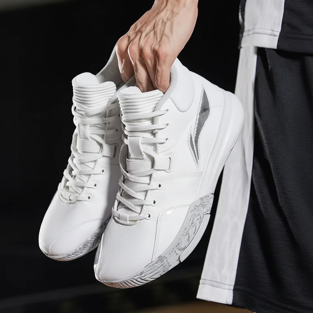 Li-Ning Lightweight Shock Absorbing Non-Slip Durable Mid-Top Basketball Shoes Men Sneakers White ABPQ039-5