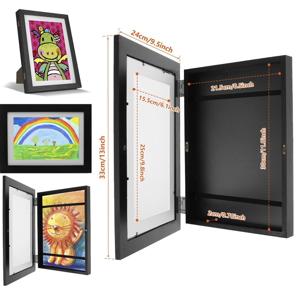 Kids Art Frame Set A4 Front Opening Photo Frames with Stand Wooden Kid Artwork Painting Display Frame for 100 Pictures Organizer