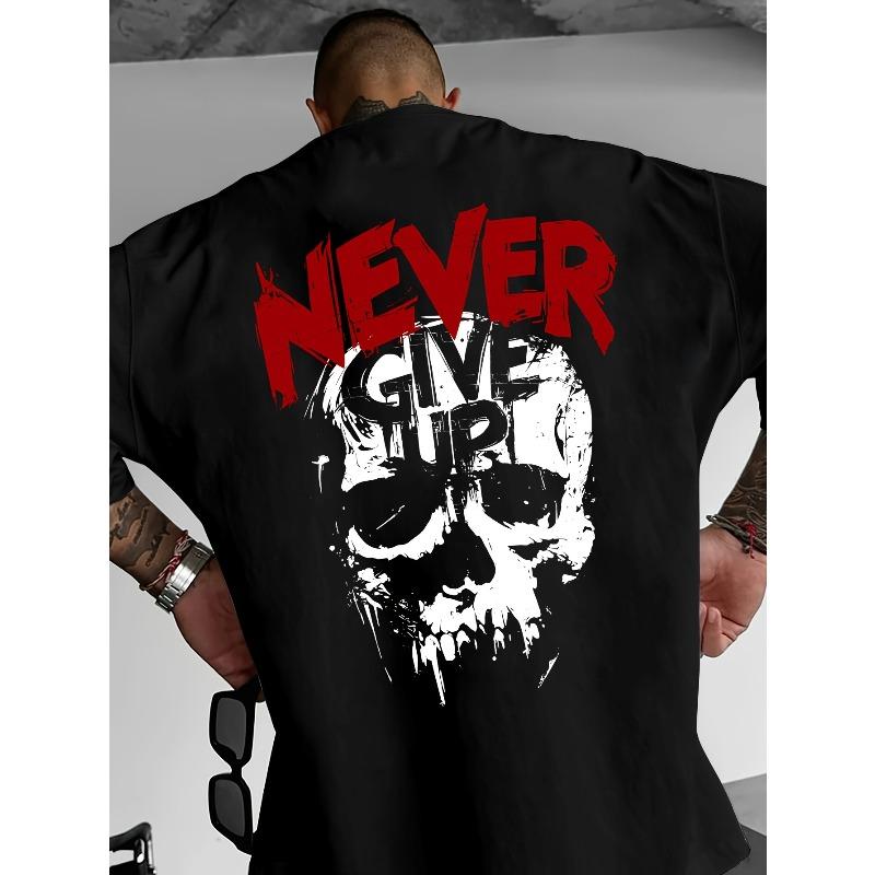 Europäische Größen Herren Gothic Street Style T-Shirt - Never Give Up Totenkopf-Print, Lockerer Casual Hip-Hop Schnitt, Atmungsaktiv und Bequem