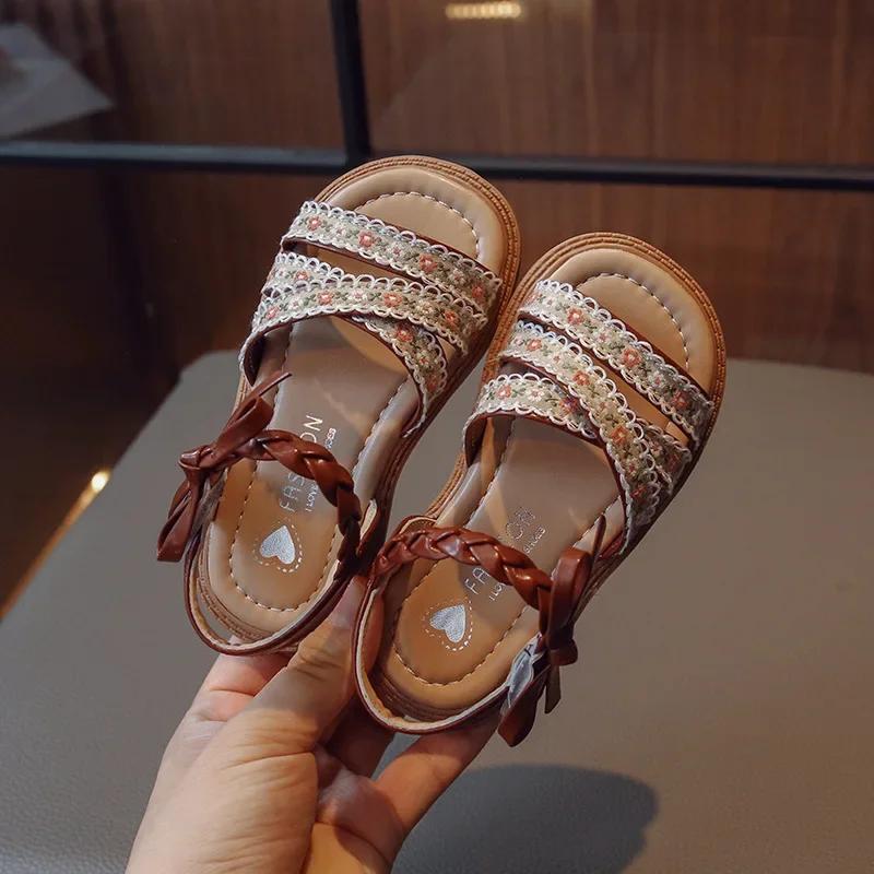 

Summer Girls Sandals Fashion Embroider Flower Children Princess Shoes Open-toe Sweet Bowknot Kids Causal Flat Sandals Soft Soled 36