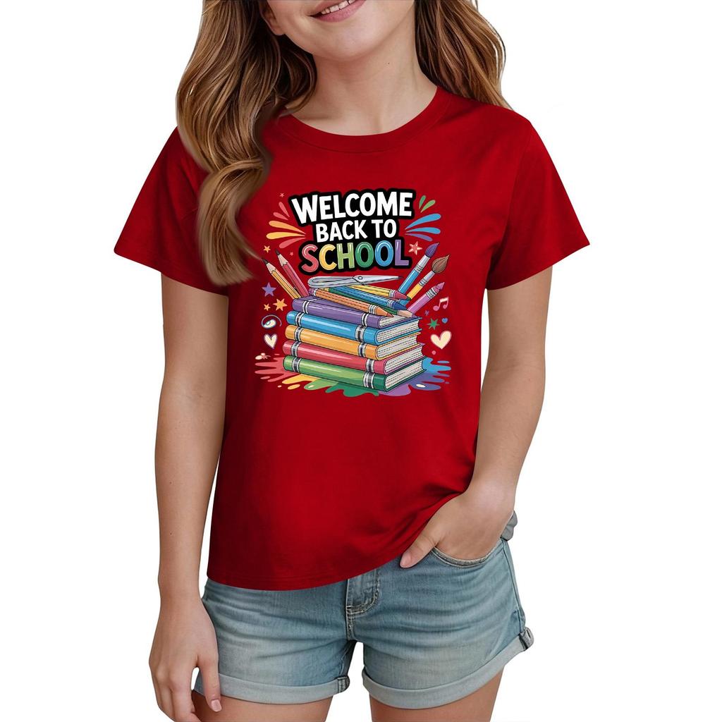 Kids Short Sleeve T Shirt Casual Crew Neck Tee Top Children Back to School Graphic Printed Lightweight Comfortable Summer Wear