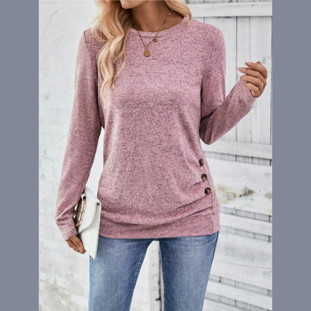 Women's Button Decor Ruched T-Shirt Casual Long Sleeve Top For Spring & Fall Women's Clothing