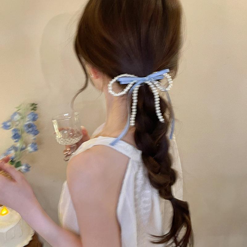 Fairy Ribbon Bow Pearl Hairpin for The Back of The Head New Girlish Heart Side Clip New Simplicity Fresh and Sweet Duckbill Clip