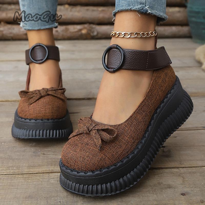 Fashion Thick Sole Shallow Mouth Single Shoes 2025 Autumn New Women's Butterfly Bow Design Round Toed Retro Loafers Fashion Chunky Pumps