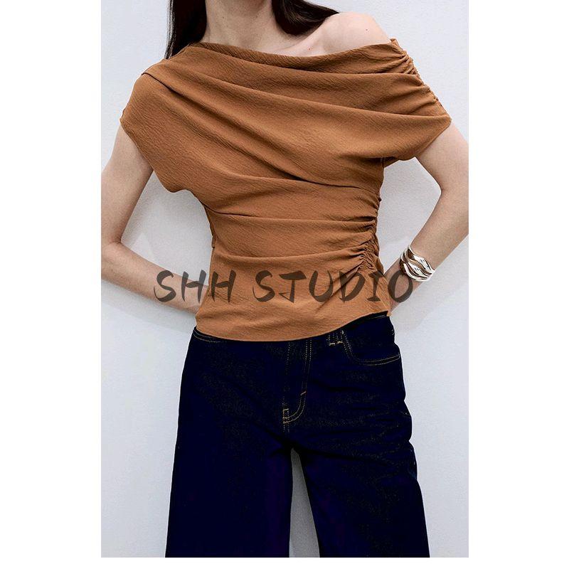 Spring and Summer New Arrival Women's Clothing French Minority Ruched Decorative Asymmetric Shoulder Waist-Controlled Top 87075751