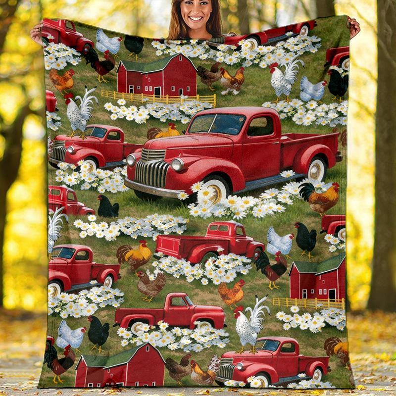 

Farm Truck Chicken Fleece Printed Flannel Blanket, Thick Plush Warm Soft Throw 80cm x 120cm