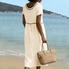 Women's Summer Round V-Neck Short-Sleeve -Color Cotton-Linen Dress With Openwork Lace