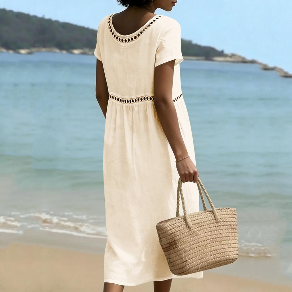 Women's Summer Round V-Neck Short-Sleeve -Color Cotton-Linen Dress With Openwork Lace