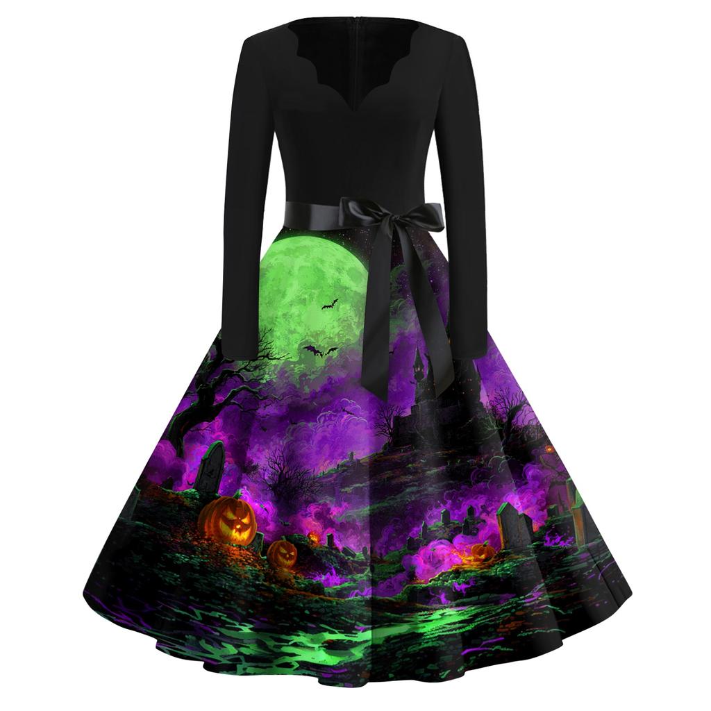 Women’s Casual Halloween Print V Neck Vintage Dress Long Sleeve A Line Midi Dress with Belt for Holiday Party Events