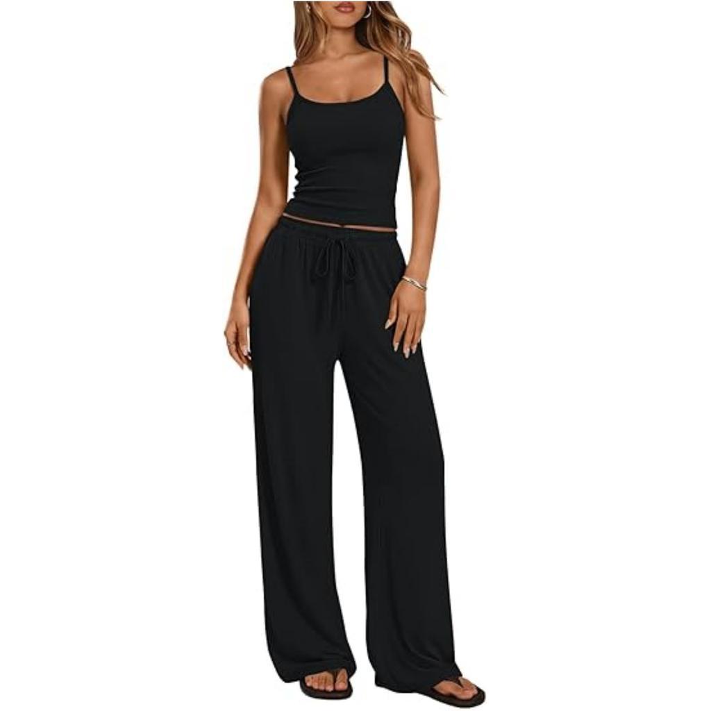 Women's Loose Fit Two-piece Loungewear Set Sleeveless Spaghetti Strap Camisole Drawstring High Waist Wide Leg Pants Matching Tracksuit