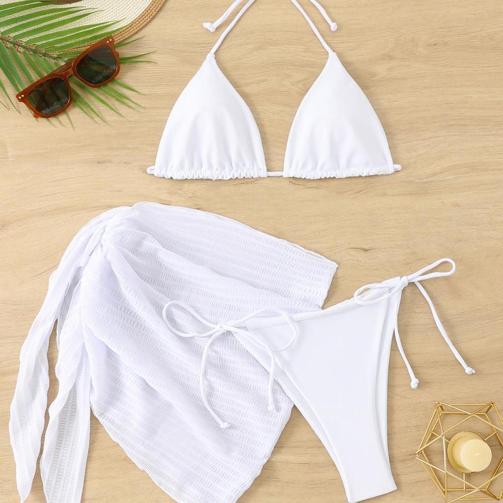 Sleek Solid Color Three-Piece Bikini Set - Women's Sexy, Tight, Backless Swimsuit