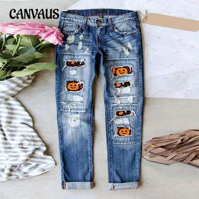 Halloween Pumpkin Quirky Hole Printed Jeans Women Mid Waist Straight Pants