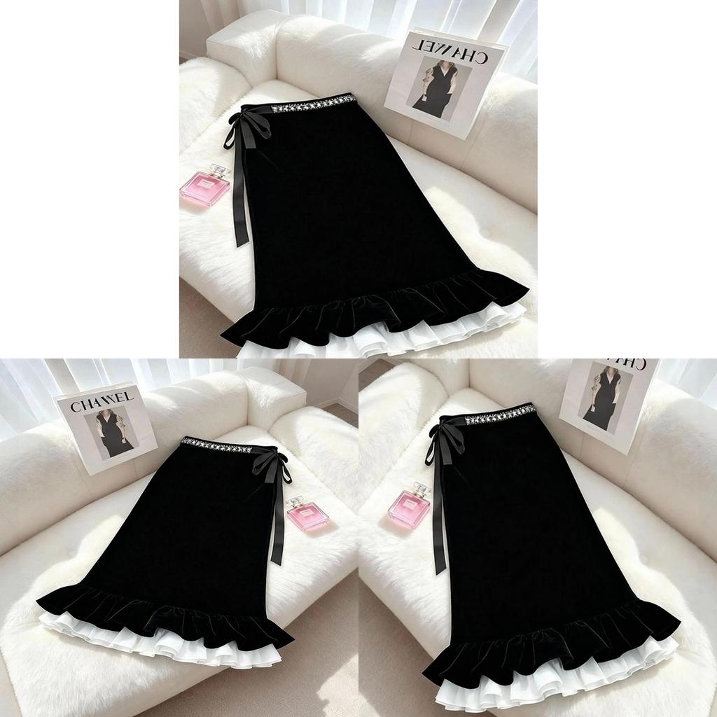Cotton Blend Velvet Midi Skirt With Lace Trim For Elegant Ladies Spring Autumn Wear