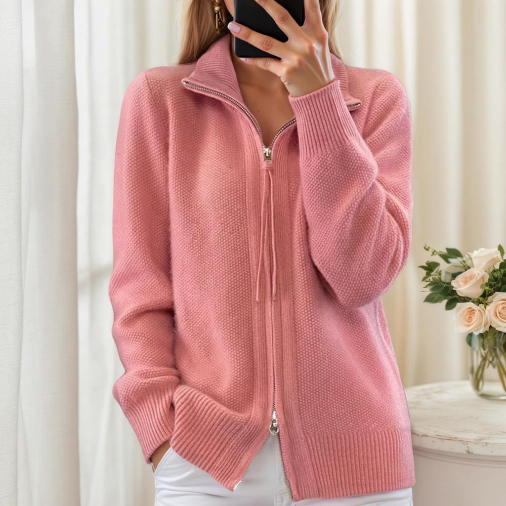 Women's 2025 Autumn/Winter Lapel Long Sleeve Knit Cardigan Sweater Coat with Zipper