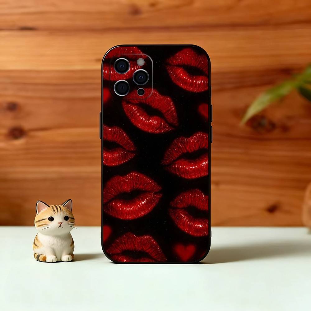 Lip Print Phone Case For iPhone 17,16,15,14,13,12,11 Plus,Pro Max,XS,Soft Silicone Black Cover