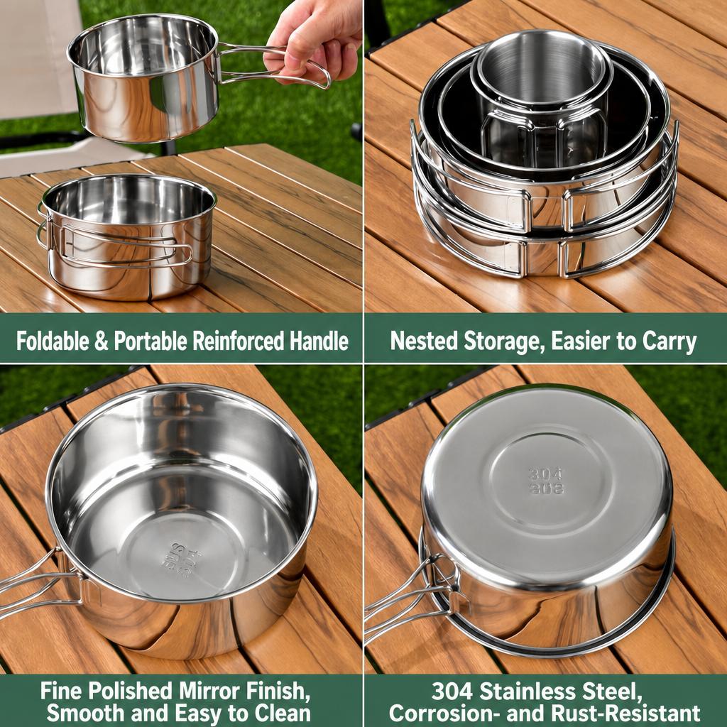304 Stainless Steel Camping Cookware Set Foldable Tableware Combo Kit for Outdoor Picnic Backpack Cooking Use